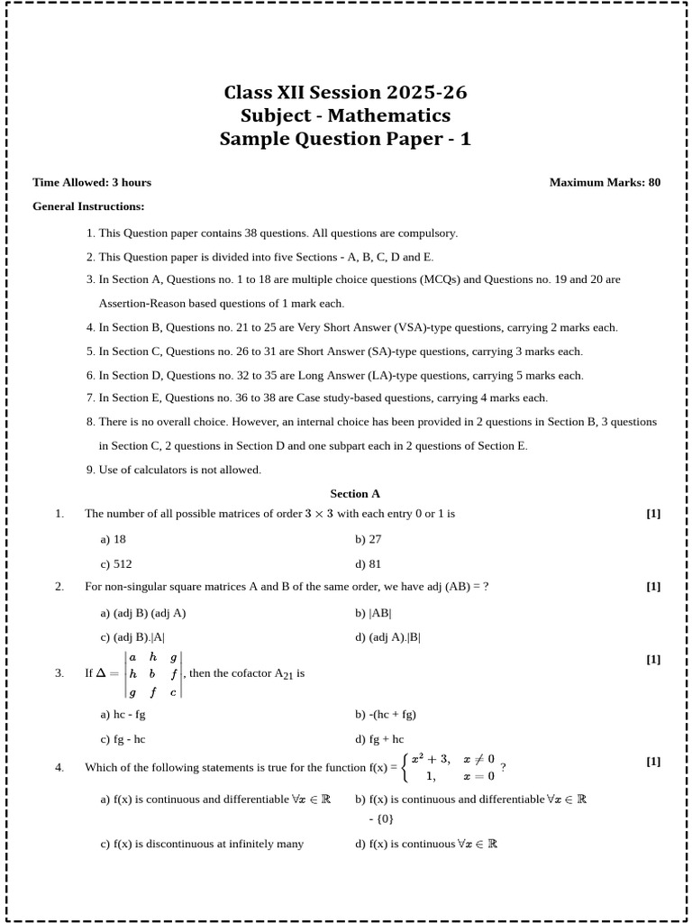 Class XII Mathematics Sample Paper 2025 | PDF | Matrix (Mathematics ...