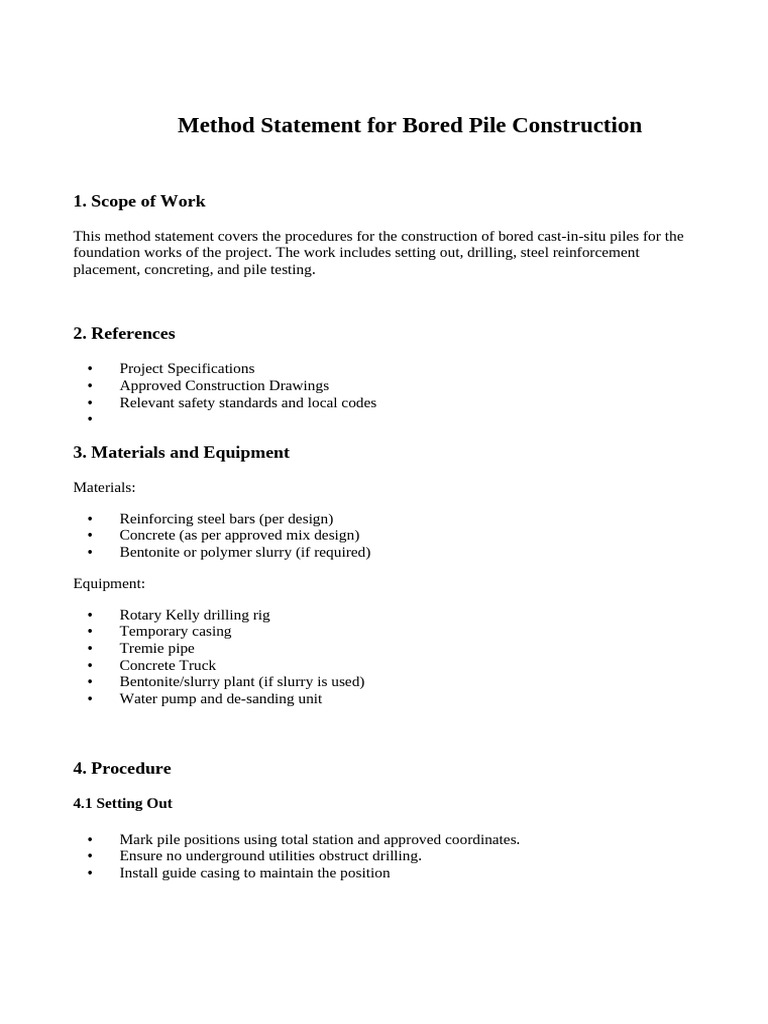Bored Pile Construction Method Statement | PDF | Concrete | Borehole