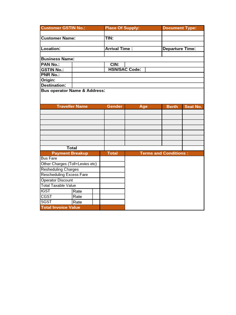 Bus Travel Invoice Details Template | PDF