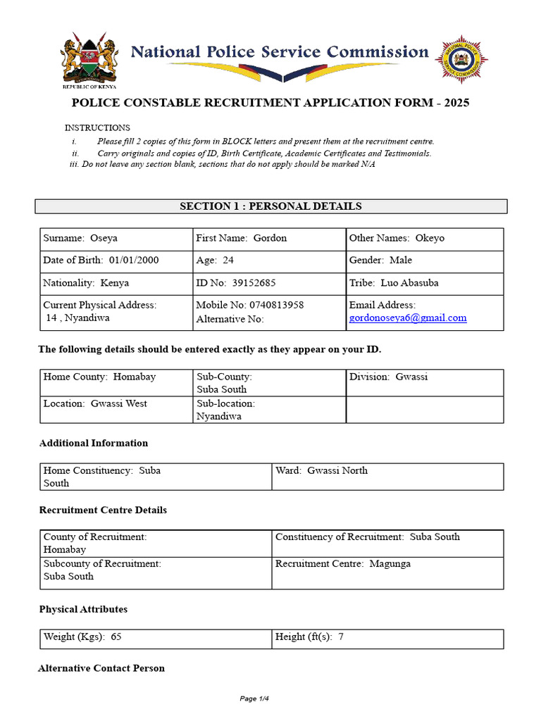 Police Constable Recruitment Form 2025 | PDF