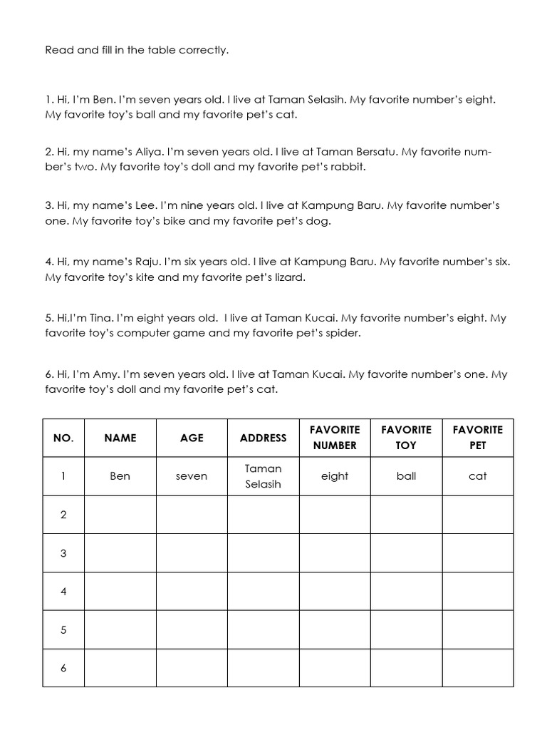 Fillable Table for Kids' Profiles | PDF