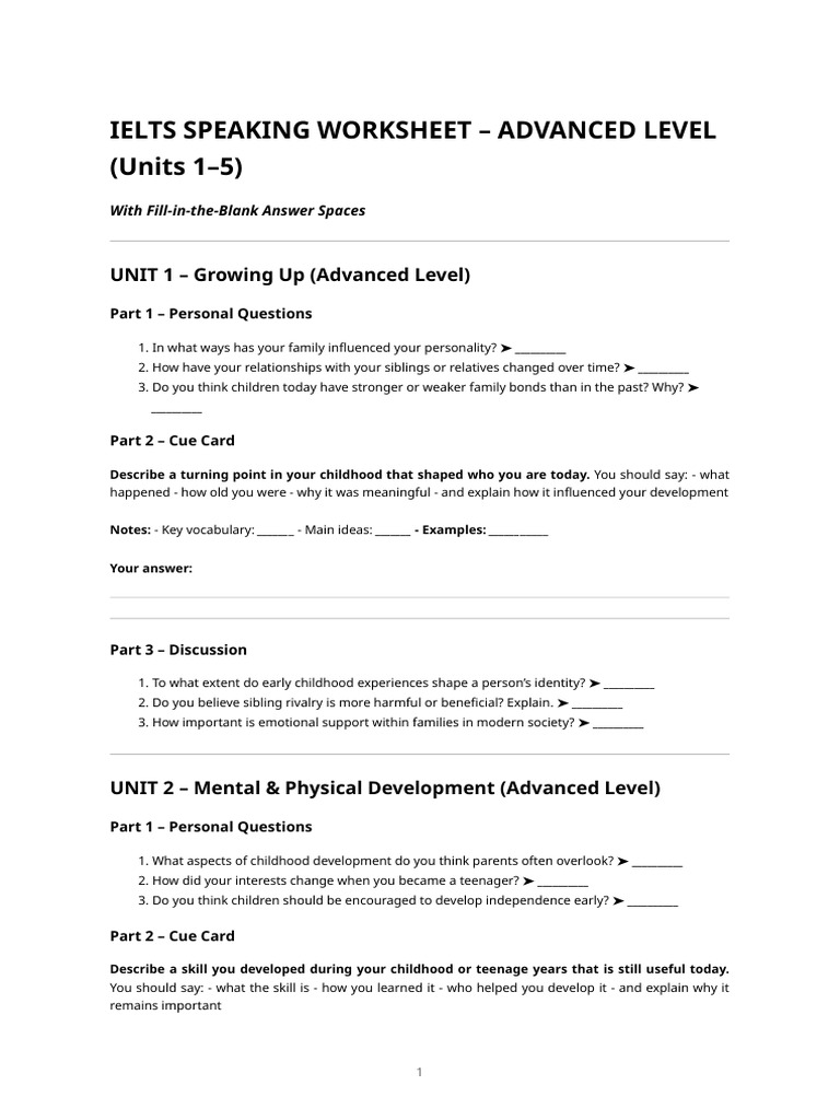 Advanced IELTS Speaking Worksheet | PDF | Adolescence | Well Being