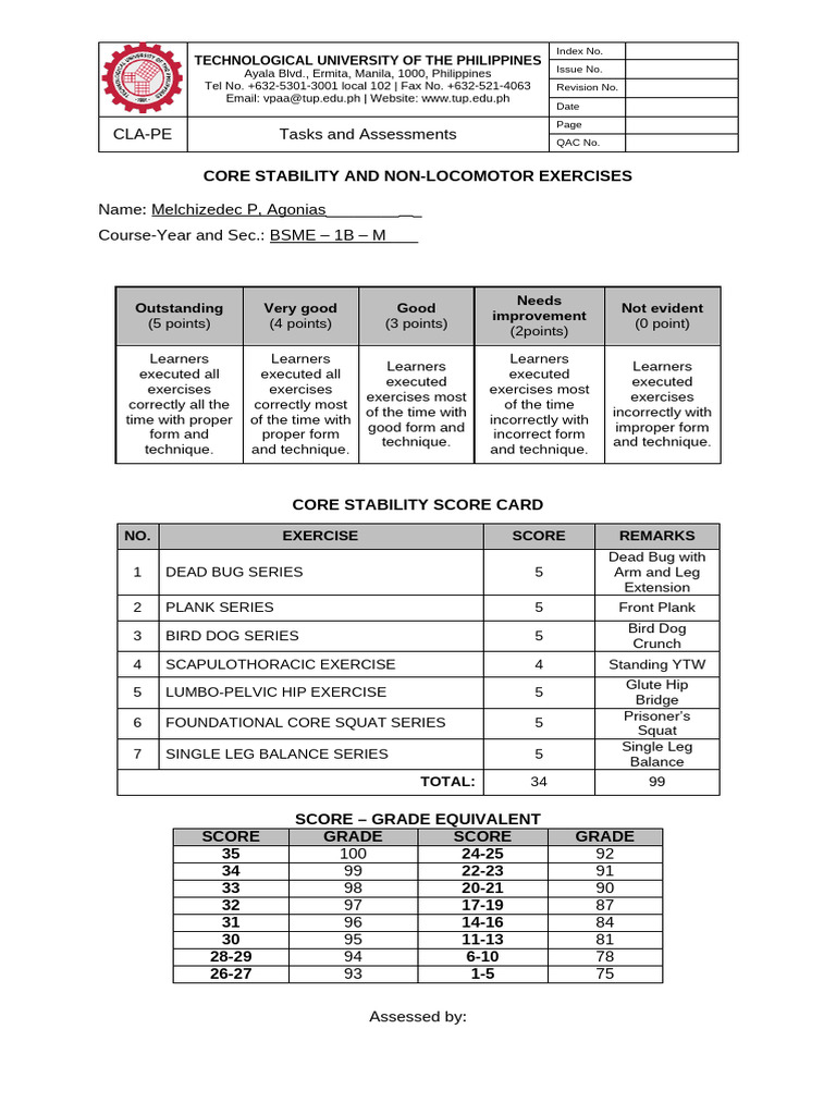 Core Stability Exercise Assessment | PDF | Management Of Obesity ...