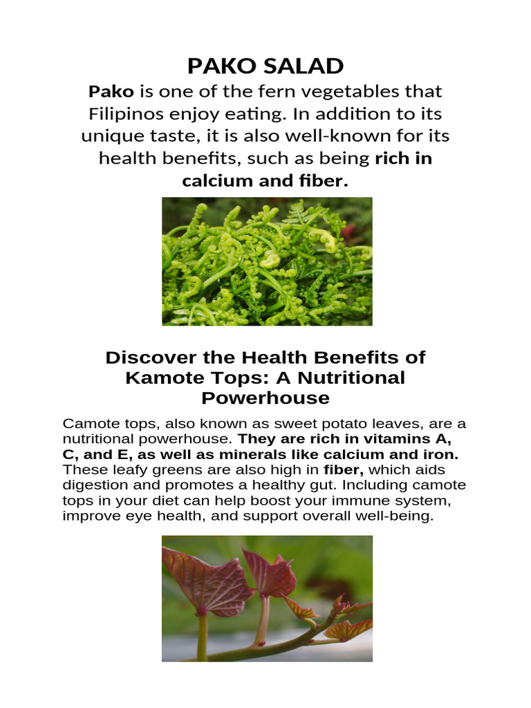 Health Benefits of Pako and Camote Tops | PDF