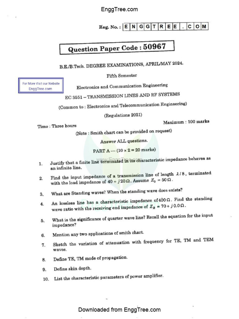 EC3551 Transmission Lines and RF Systems Apr May 2024 Question Paper ...