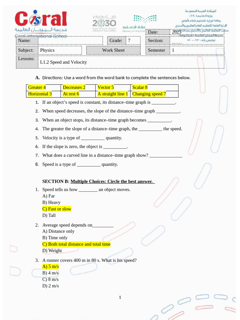 7th Grade Physics: Speed & Velocity Worksheet | PDF | Speed | Velocity