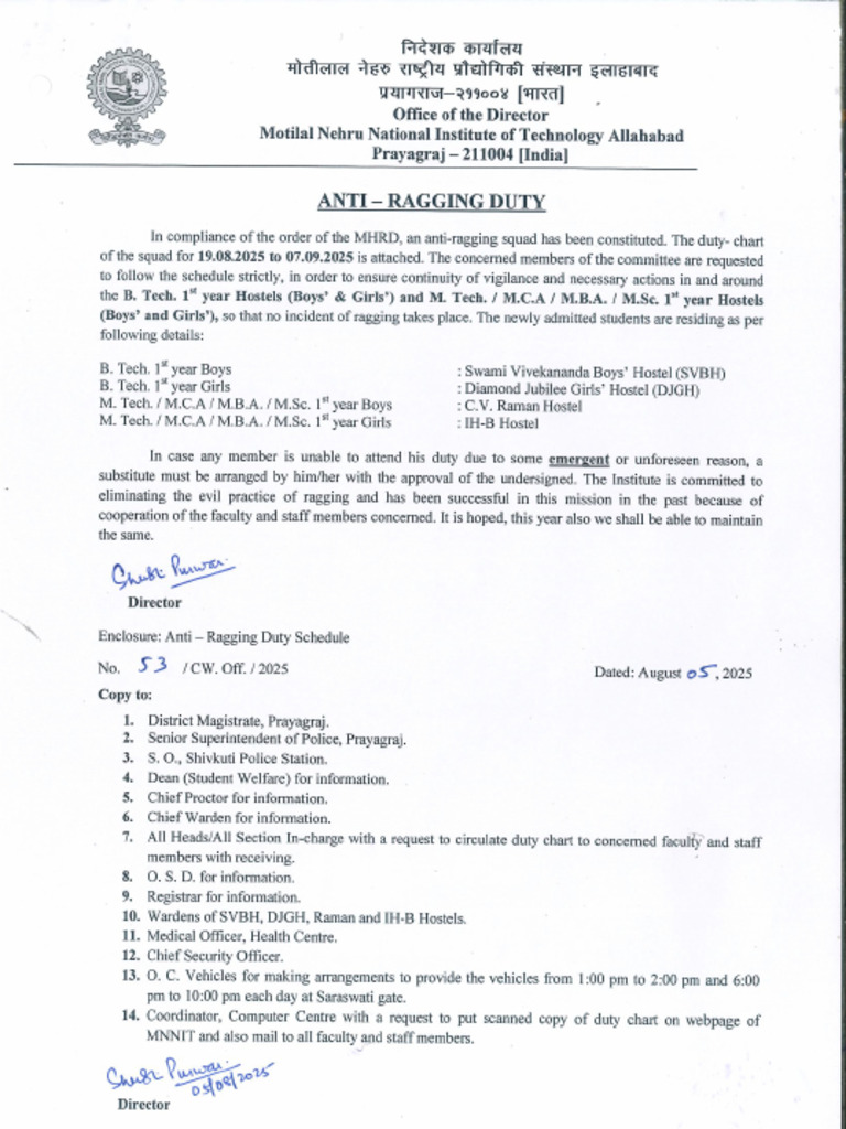 Anti Ragging Duty Chart Corrigendum | PDF