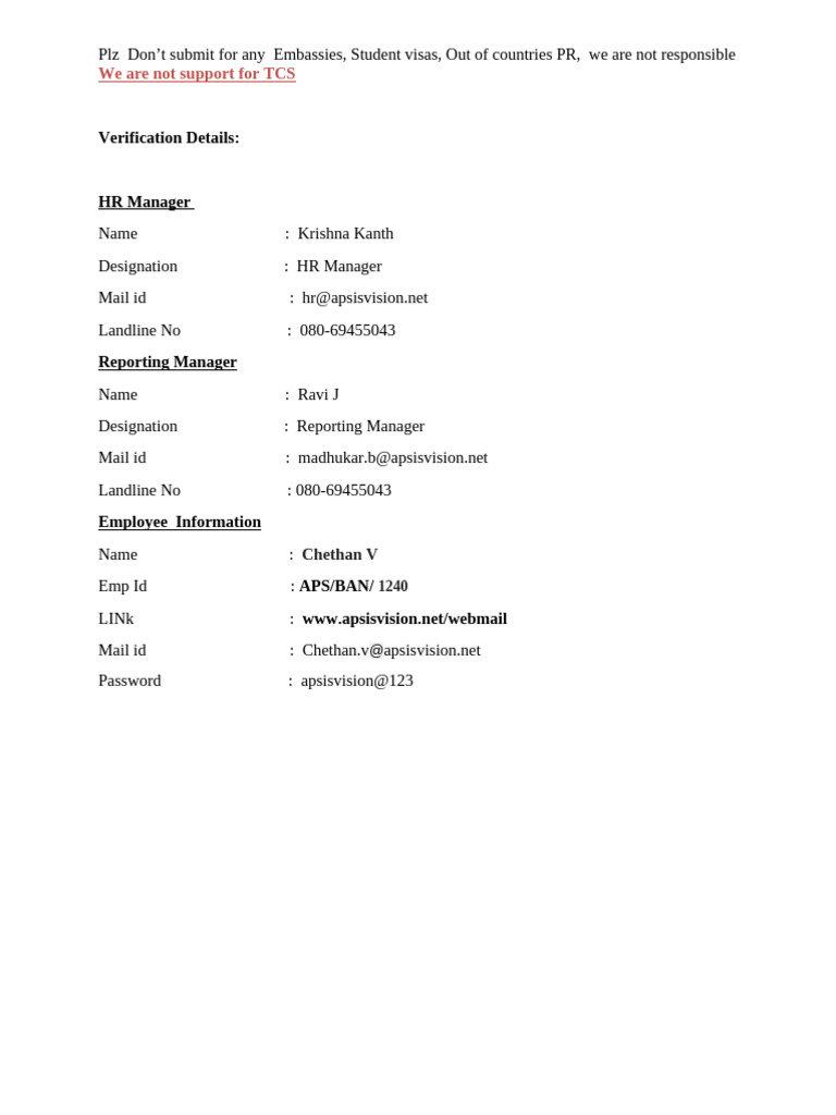 Employee Verification Details and Contacts | PDF
