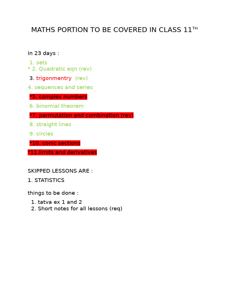 Class 11 Maths Curriculum Overview | PDF