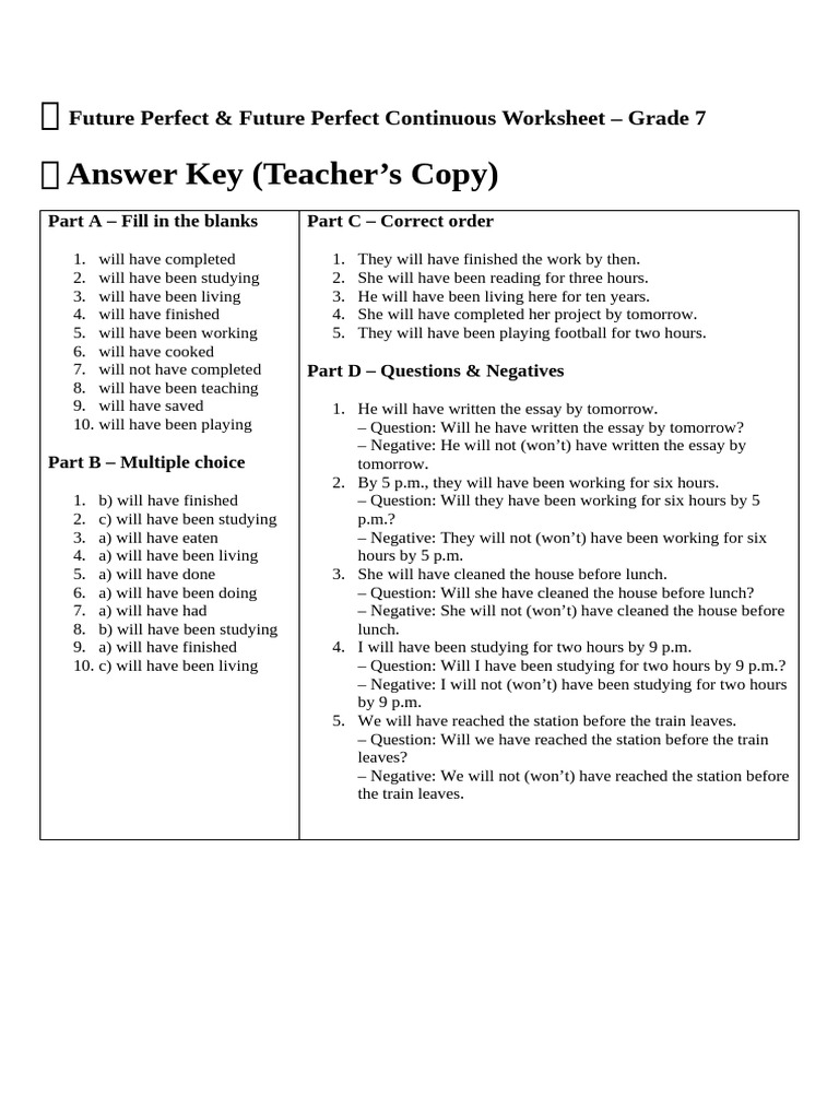 Future Perfect & Future Perfect Continuous Worksheet - Keys | PDF ...