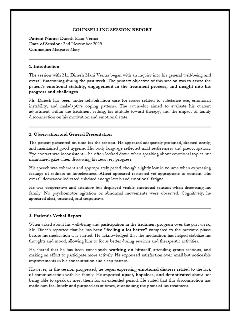 Counselling Session Report Dinesh Maniverma 02.11.25 | PDF ...
