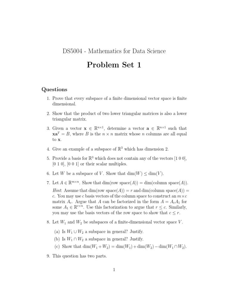 Mathematics for Data Science Problem Set | PDF