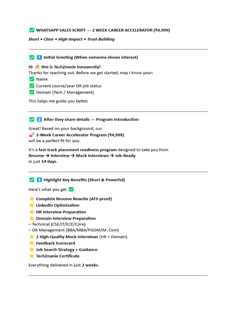 WhatsApp Sales Script for Career Accelerator | PDF