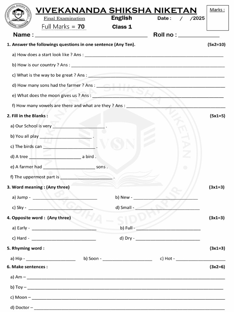 English Class 1 Final Exam FM 70 | PDF