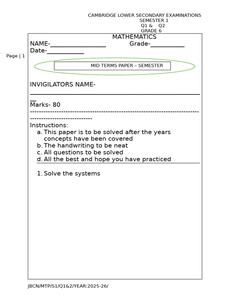 Grade 6 Mathematics Exam Paper 2025 | PDF