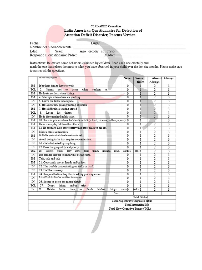 ADHD Detection Questionnaire for Parents | PDF | Attention Deficit ...