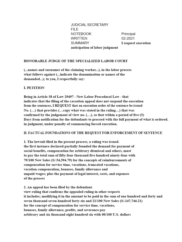 Labor Judgment Execution Request | PDF | Lawsuit | Judgment (Law)