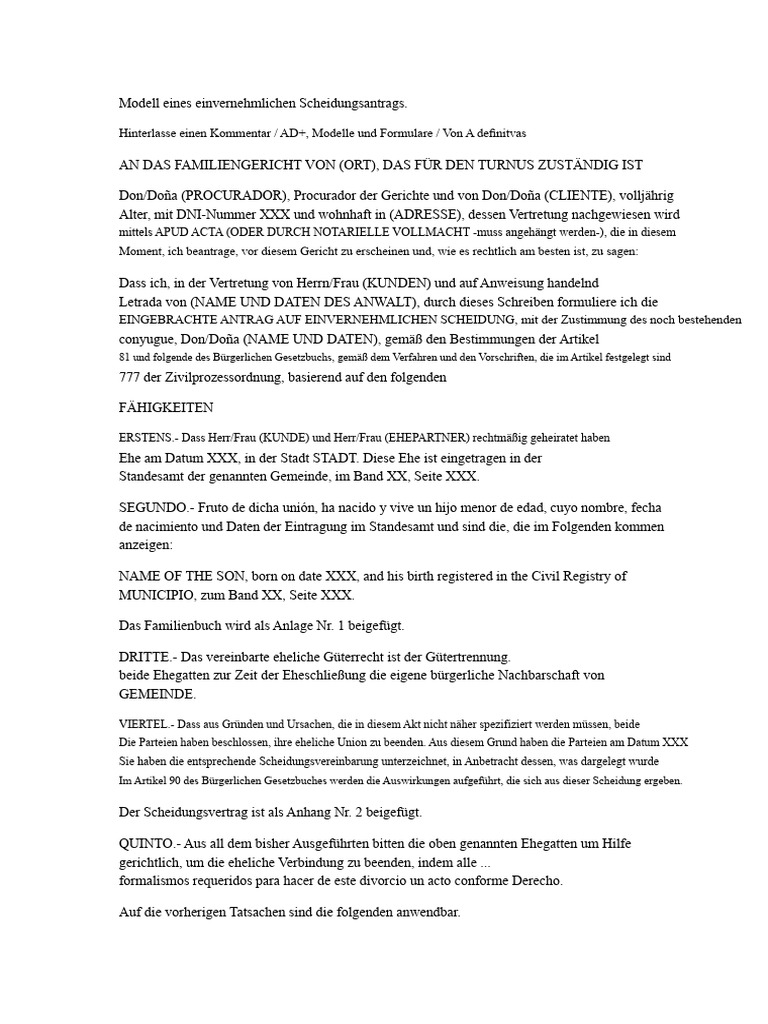 Musterantrag Auf Einvernehmliche Scheidung | PDF