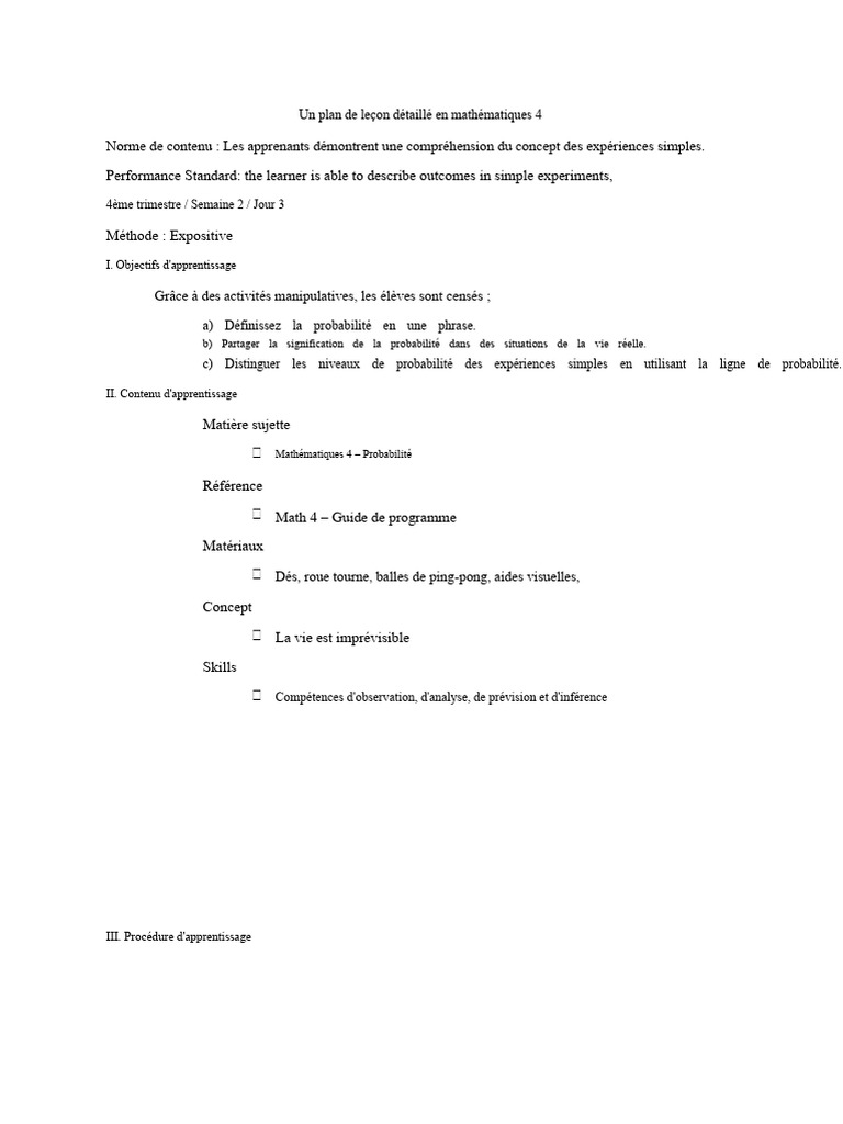 Plan de leçon sur la probabilité en mathématiques | PDF | Mathématiques ...