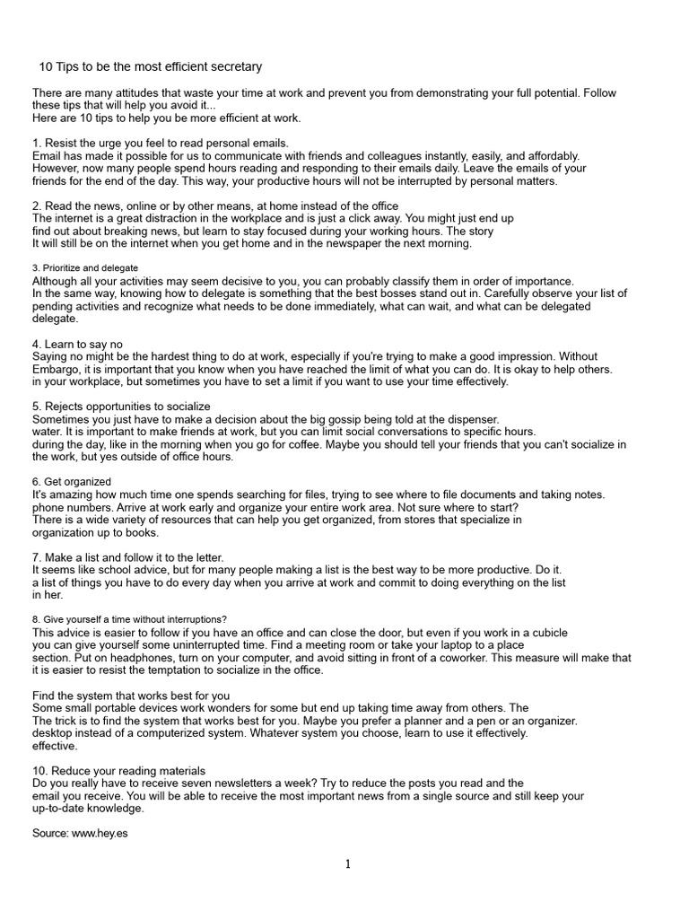 10 Tips To Be The Most Efficient Secretary. | PDF | Procedural Knowledge