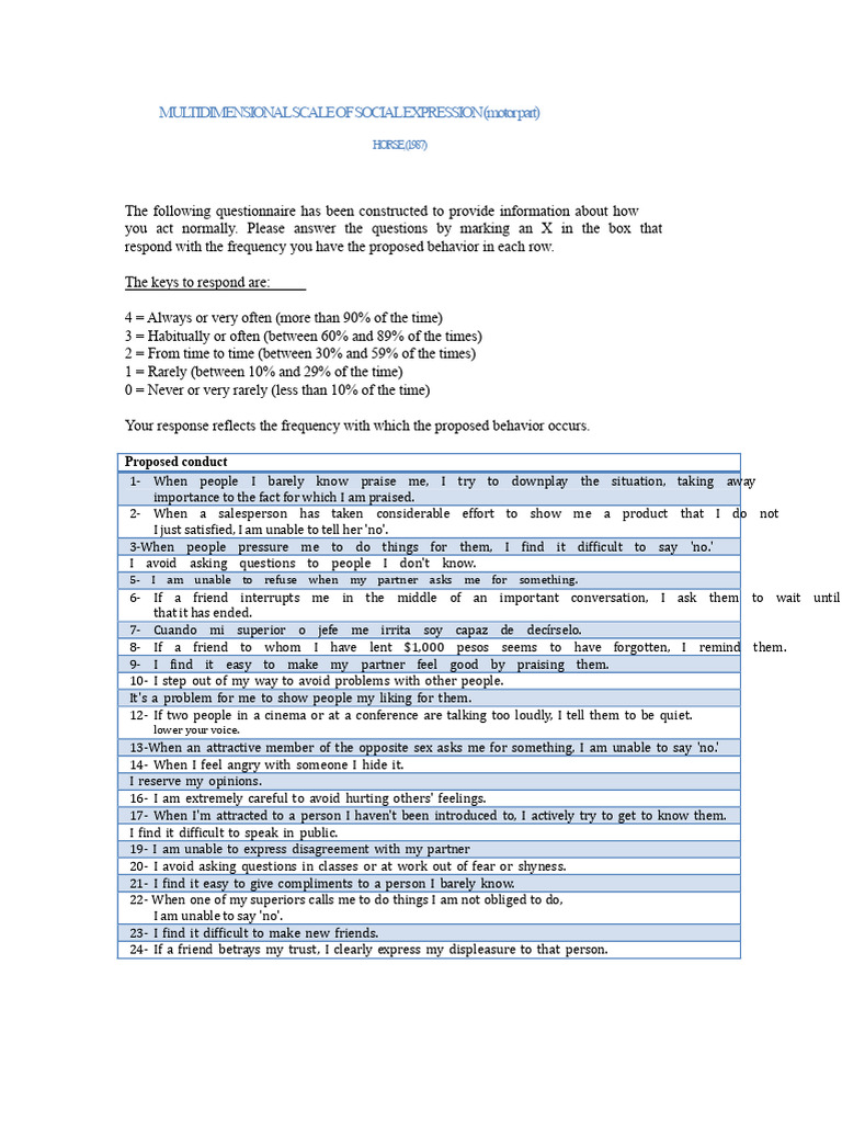 MULTIDIMENSIONAL SCALE OF SOCIAL EXPRESSION Motor Part | PDF ...