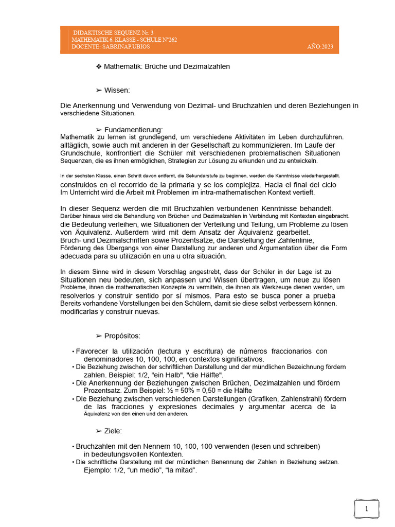 Didaktische Sequenz 6. Klasse - Dezimalbrüche | PDF