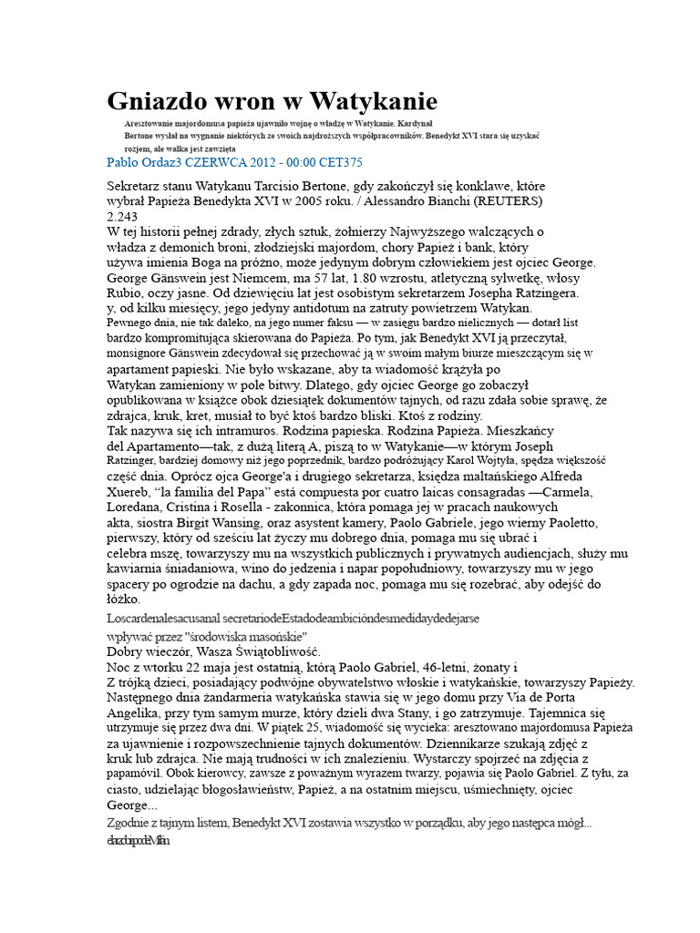 Gniazdo Wron W Watykanie | PDF