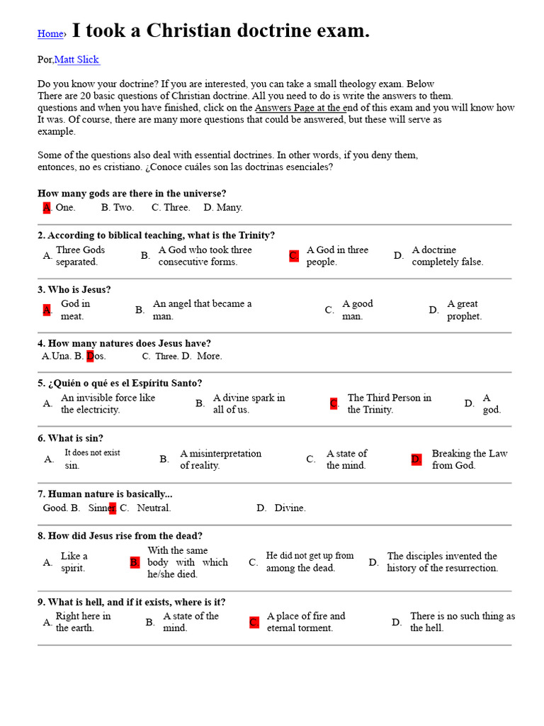 Christian Doctrine Exam Questions | PDF | Trinity | Resurrection Of Jesus