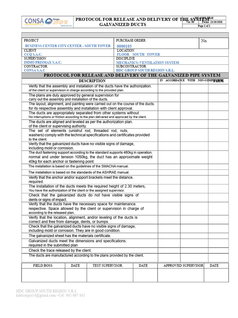 Galvanized Ducts Delivery Protocol | PDF | Mechanical Engineering ...