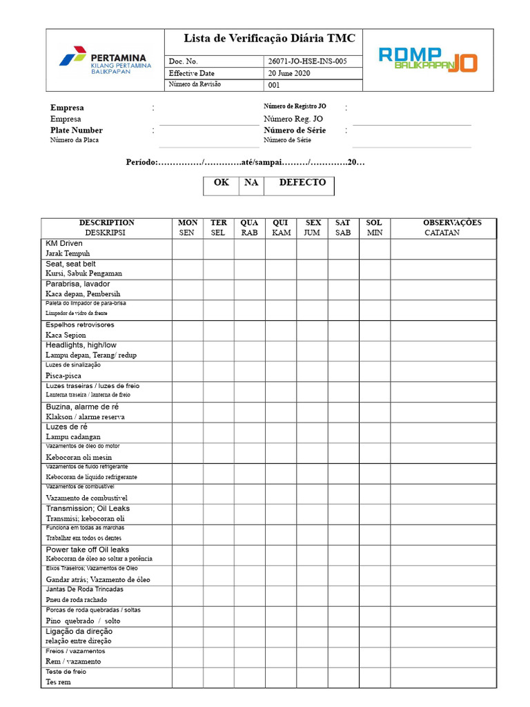 Checklist Diário de Inspeção TMC | PDF | Tecnologia de veículos | Veículos