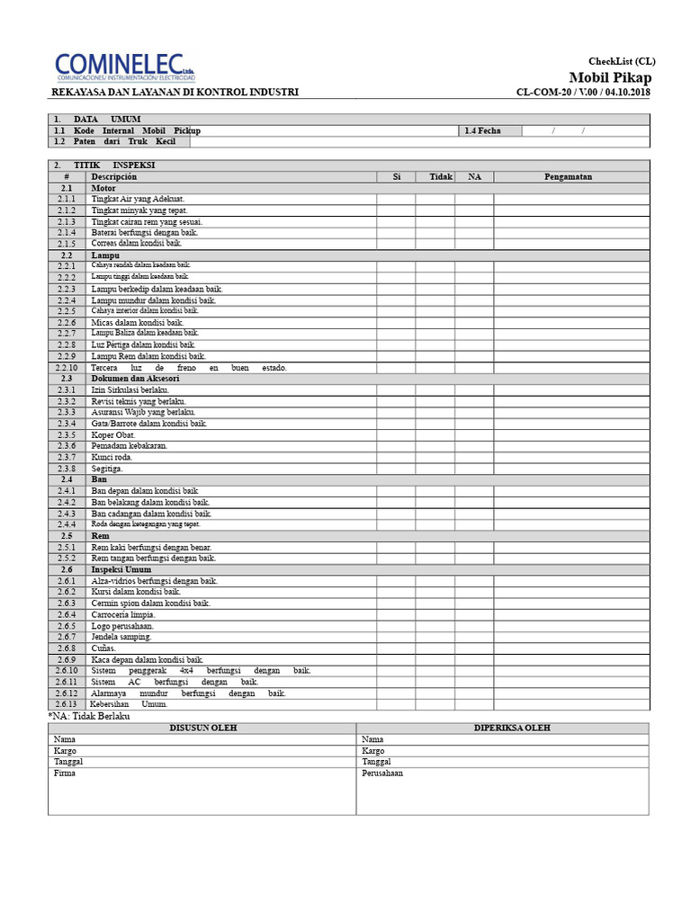 Checklist Inspeksi Mobil Pikap | PDF