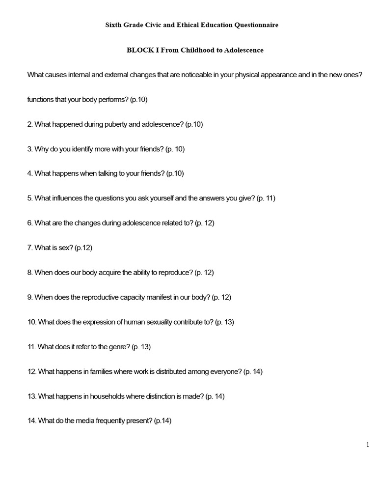 Sixth Grade Civic and Ethical Education Questionnaire | PDF ...