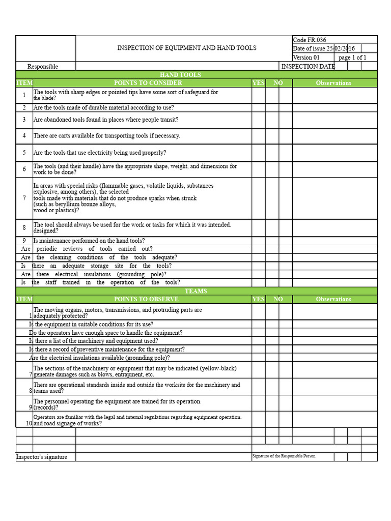 Equipment and Hand Tools Inspection Checklist | PDF | Tools | Insulator ...