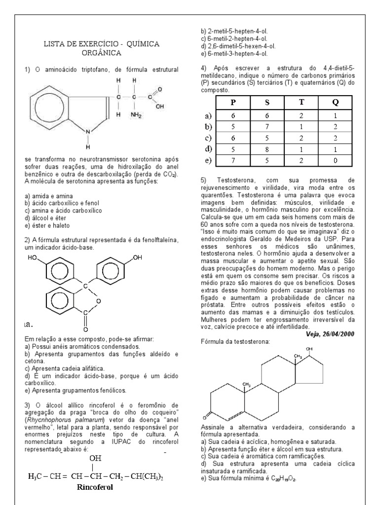 Lista de Exercício - Funções Orgânicas | PDF | Éter | Amina