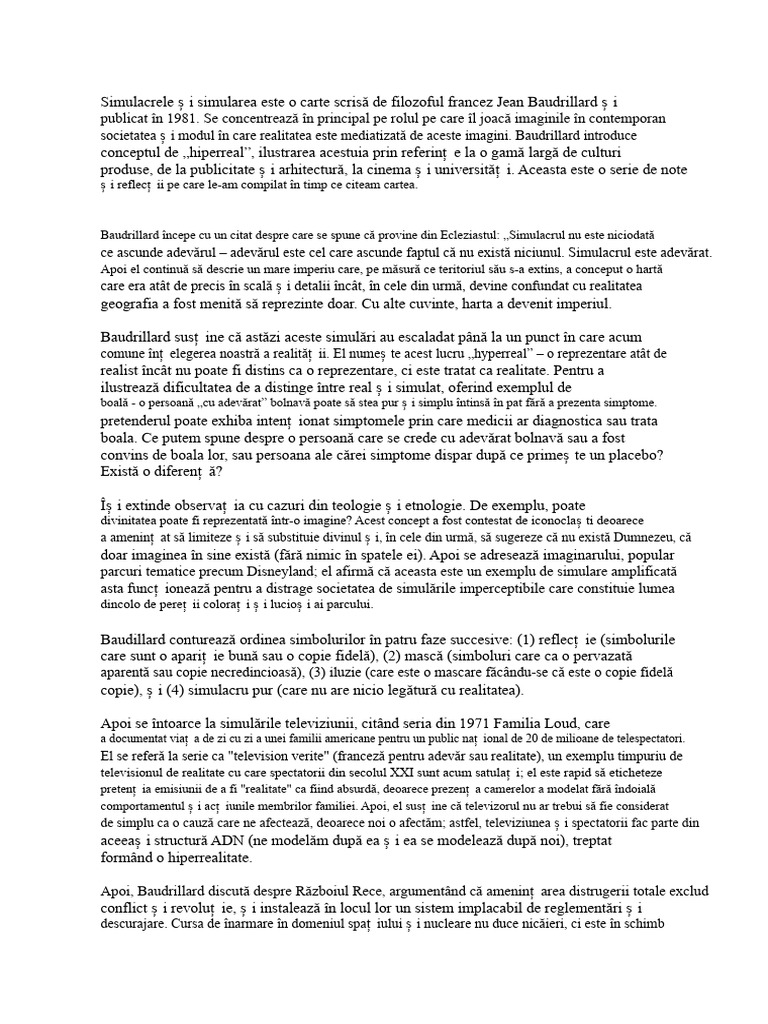 Note Despre Simulacre Și Simulare | PDF