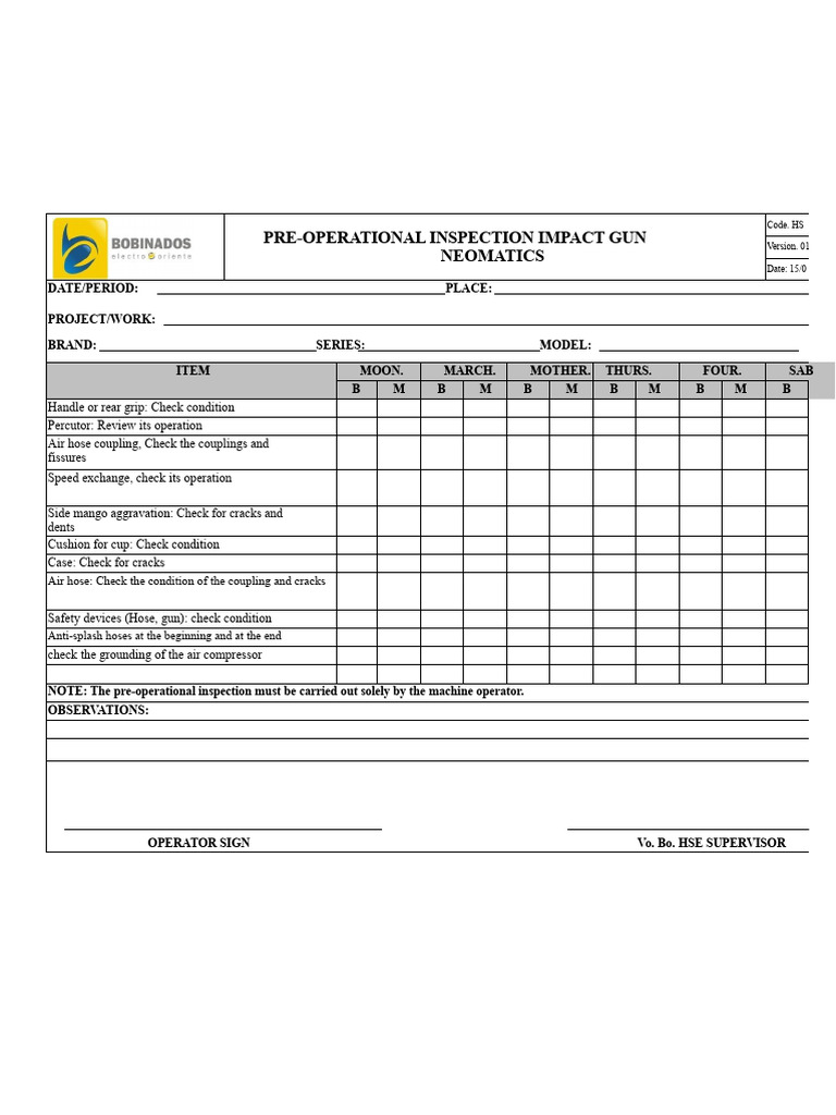 Pre-Operational Inspection Checklist for Impact Gun | PDF