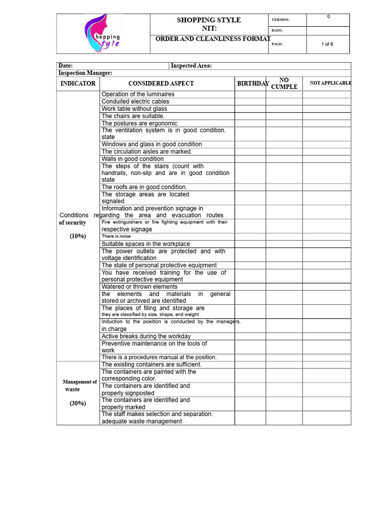 Workplace Order and Cleanliness Checklist | PDF | Public Toilet