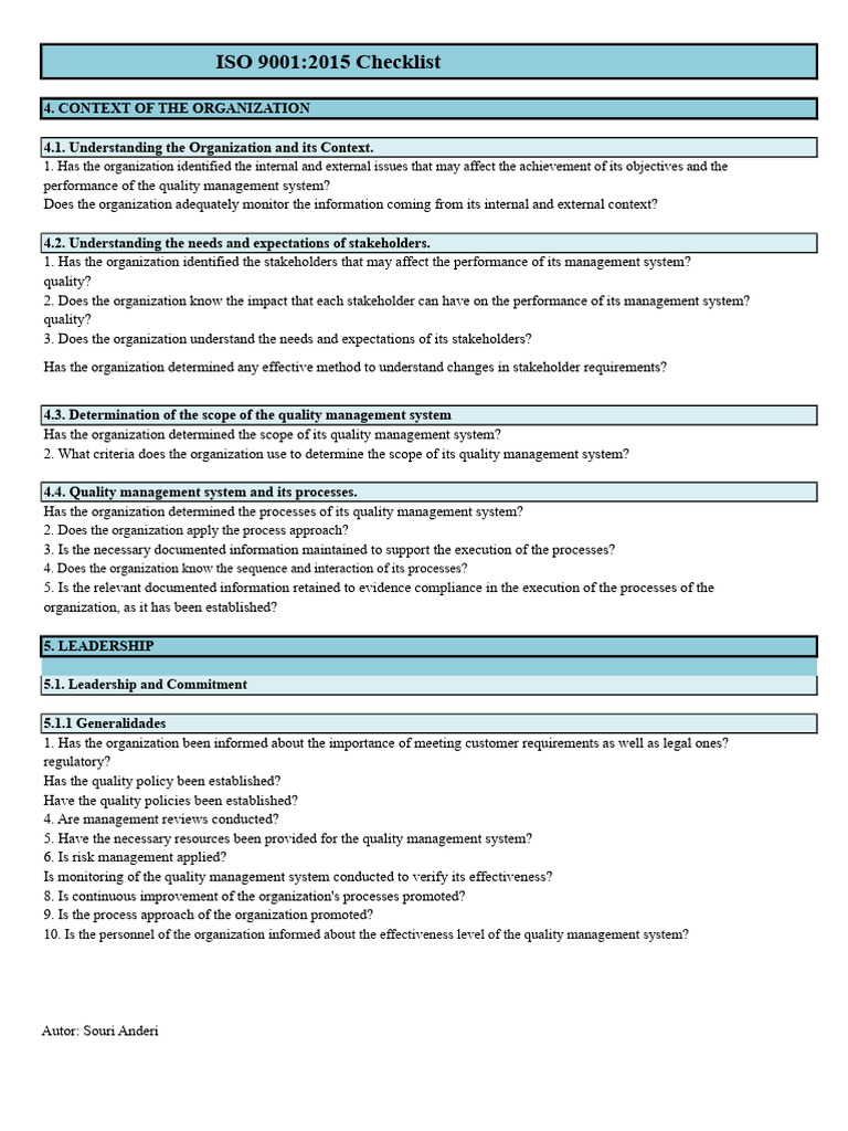 Checklist For ISO 9001:2015 - Souri Anderi | PDF | Audit | Quality ...