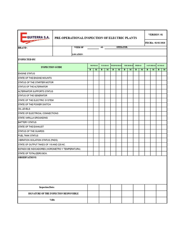 Electric Plant Pre-Operational Inspection Guide | PDF