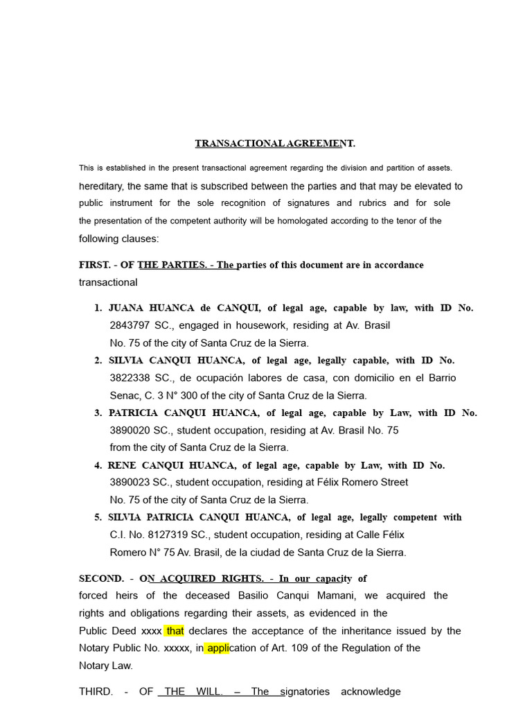 Transactional Agreement Division and Partition of Hereditary Assets ...