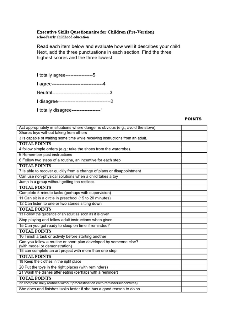 Executive Skills Questionnaire for Kids | PDF | Metacognition | Working ...