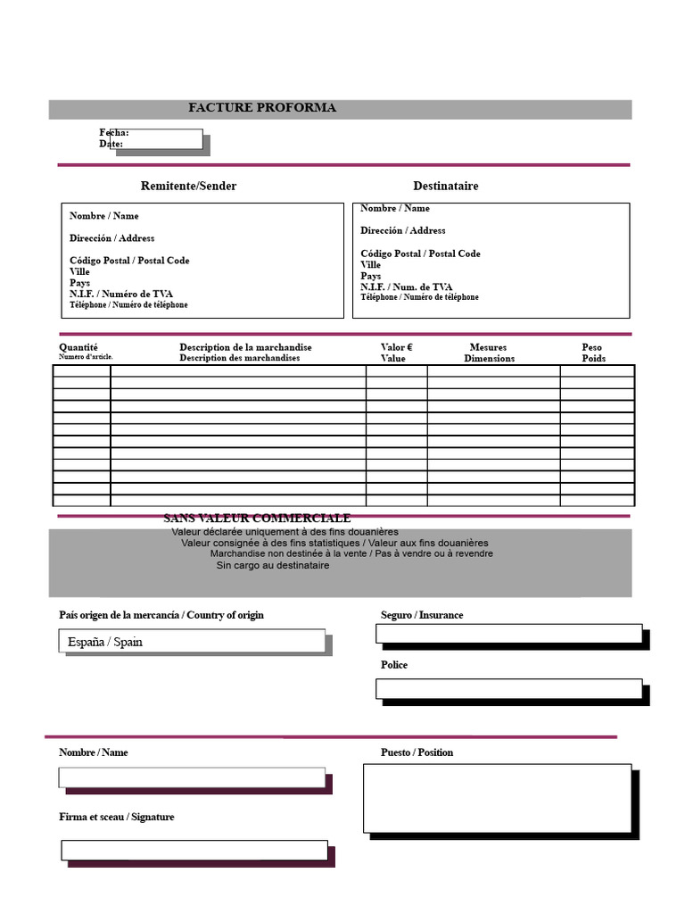 Modèle de Facture Proforma Internationale | PDF