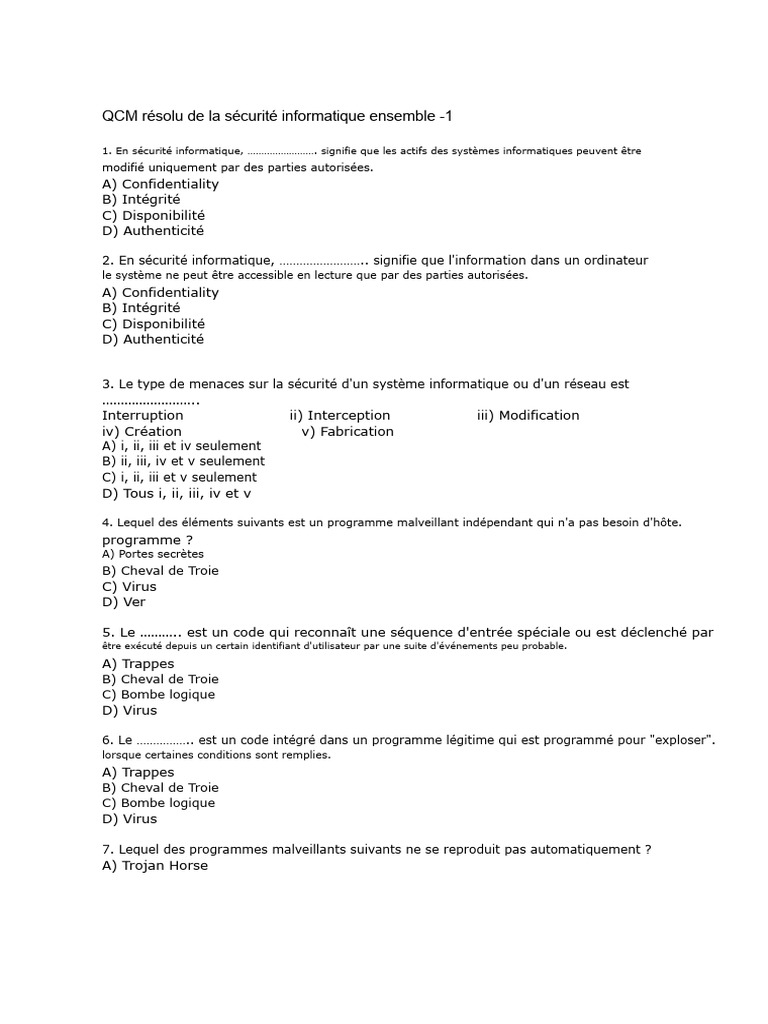 QCM Sécurité Informatique avec Réponses | PDF | Virus informatique ...