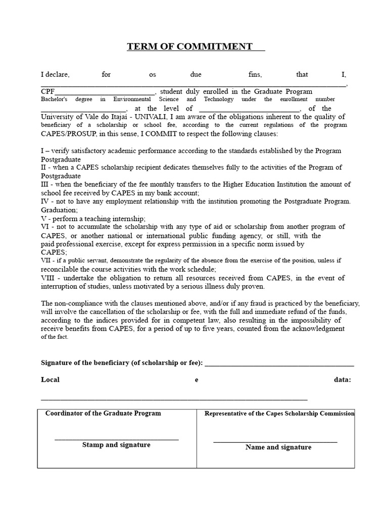 CAPES Scholarship Commitment Terms | PDF | Postgraduate Education | Fee