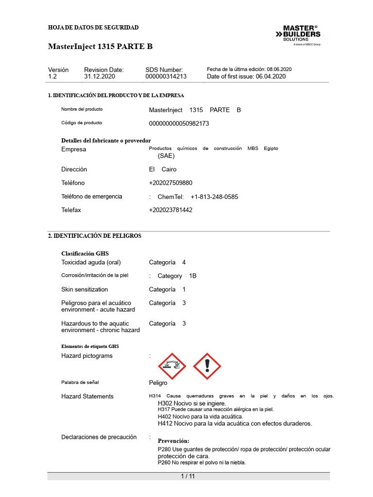 Hoja de Seguridad MasterInject 1315 B | PDF | Residuos