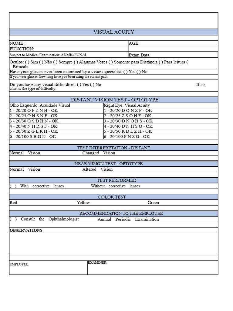 Visual Acuity Examination Report | PDF
