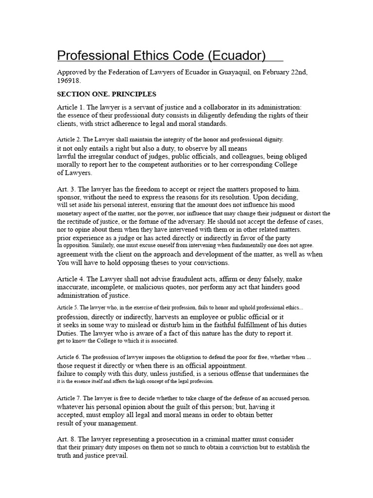 Ecuador Lawyer Professional Ethics Code | PDF | Lawyer | Confidentiality