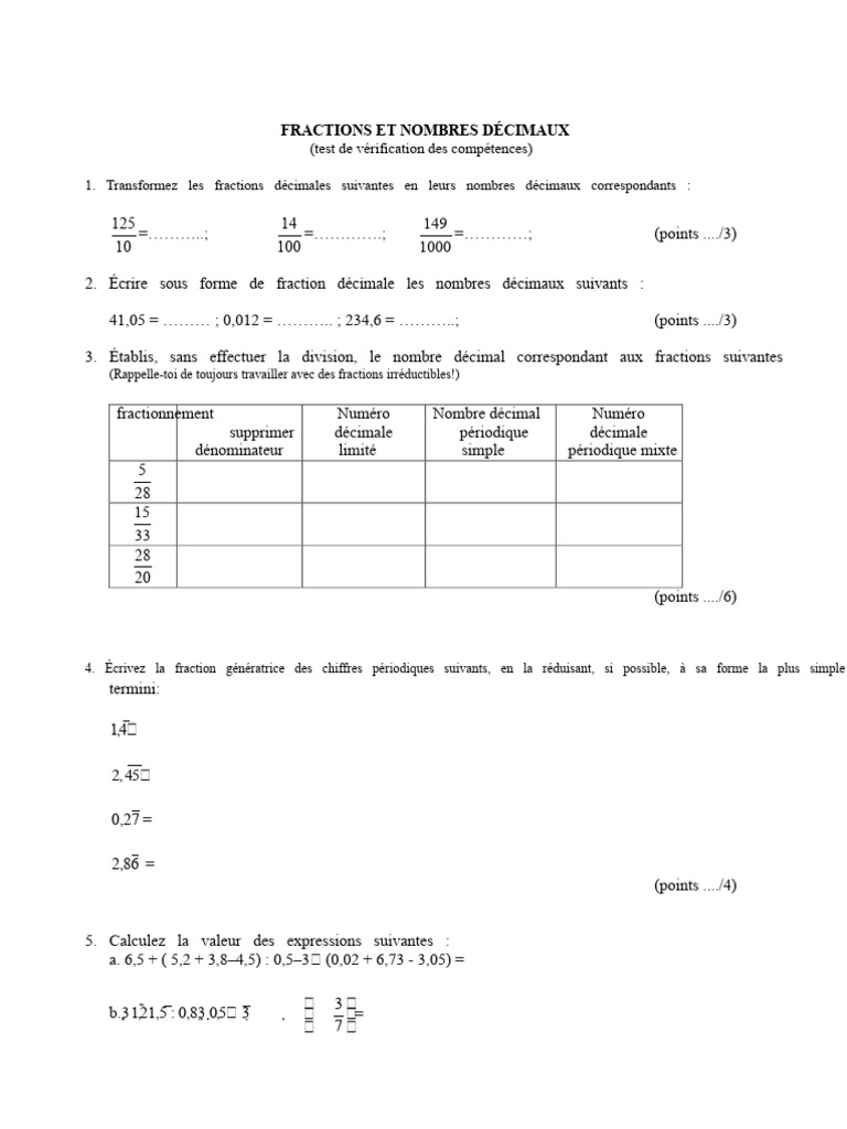 Fractions et Nombres Décimaux : Test de Compétences | PDF | Décimal ...