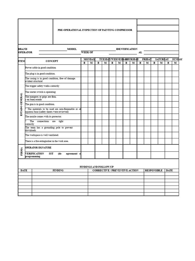 Painting Compressor Pre-Operational Checklist | PDF