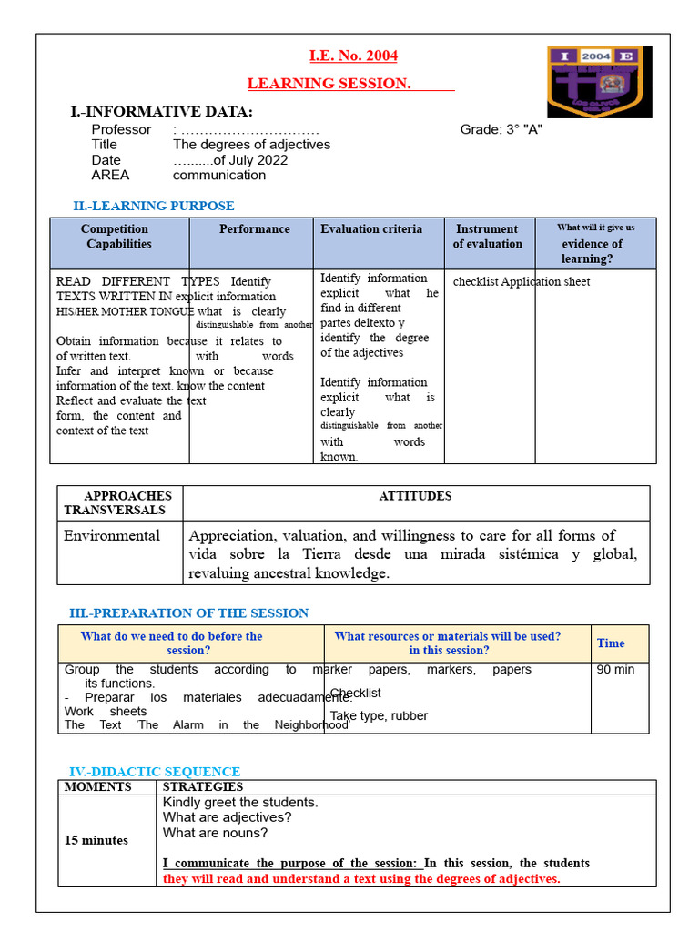 Degrees of Adjectives Lesson Plan | PDF | Adjective | Linguistics